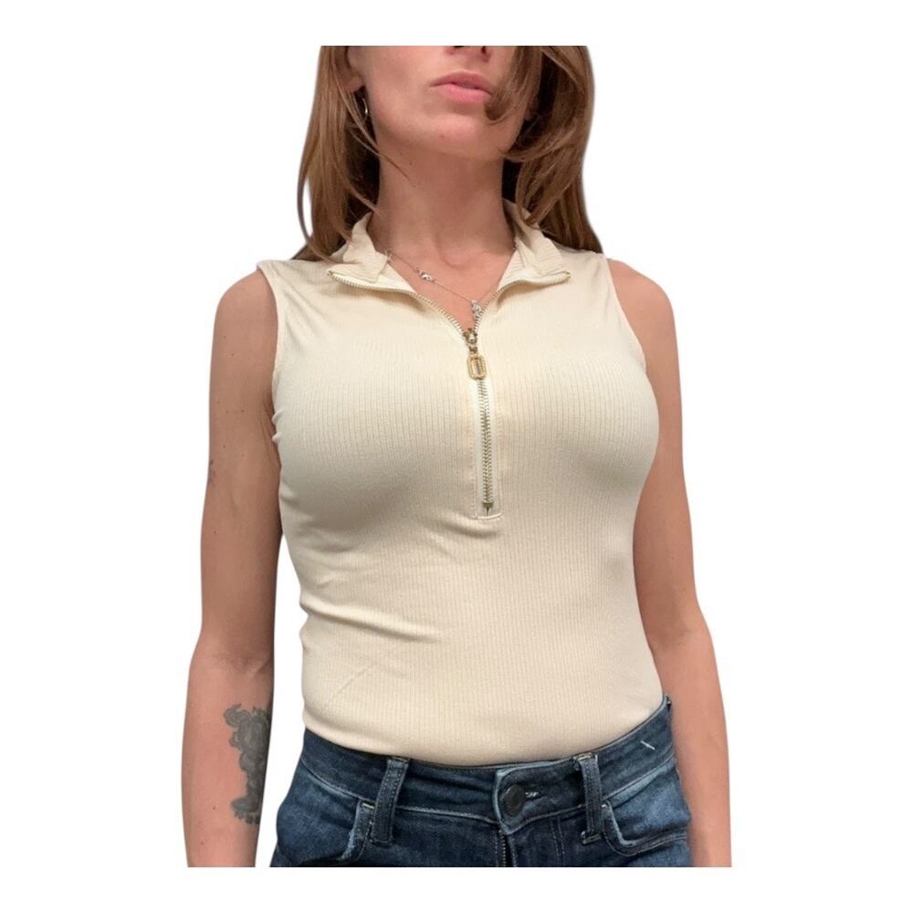 LIZETTE COLLECTION XL beige ribbed sleeveless bodysuit zip front mock neck nwt​